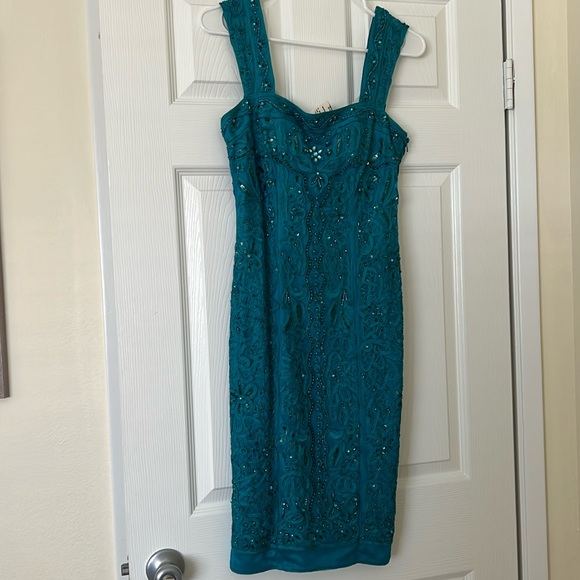 Sue Wong sequin sparkle, teal midi cocktail dress, new with tags, size 4 - Picture 1 of 7